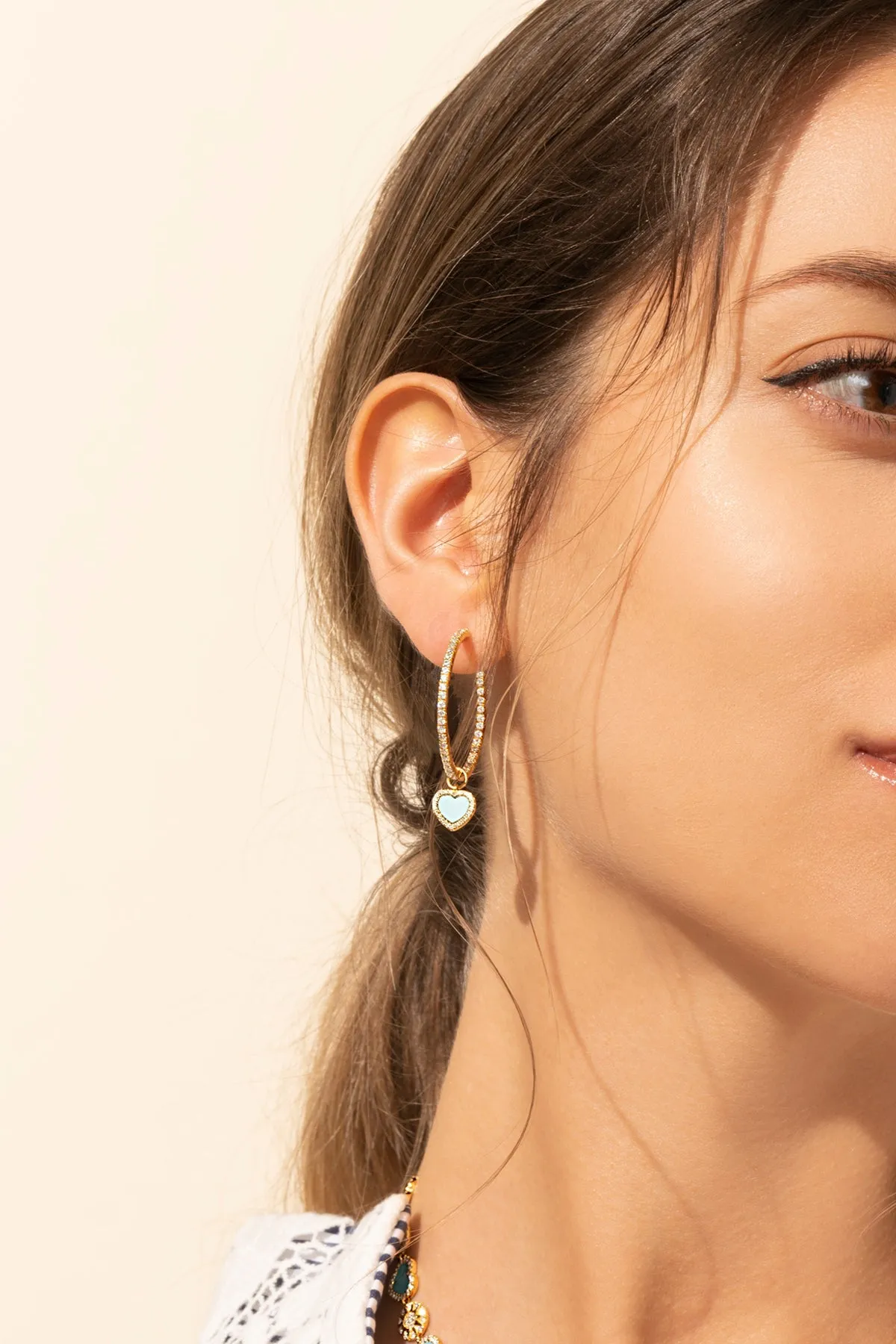 Hoop Earrings with Lagoon Blue Heart - Yellow Silver