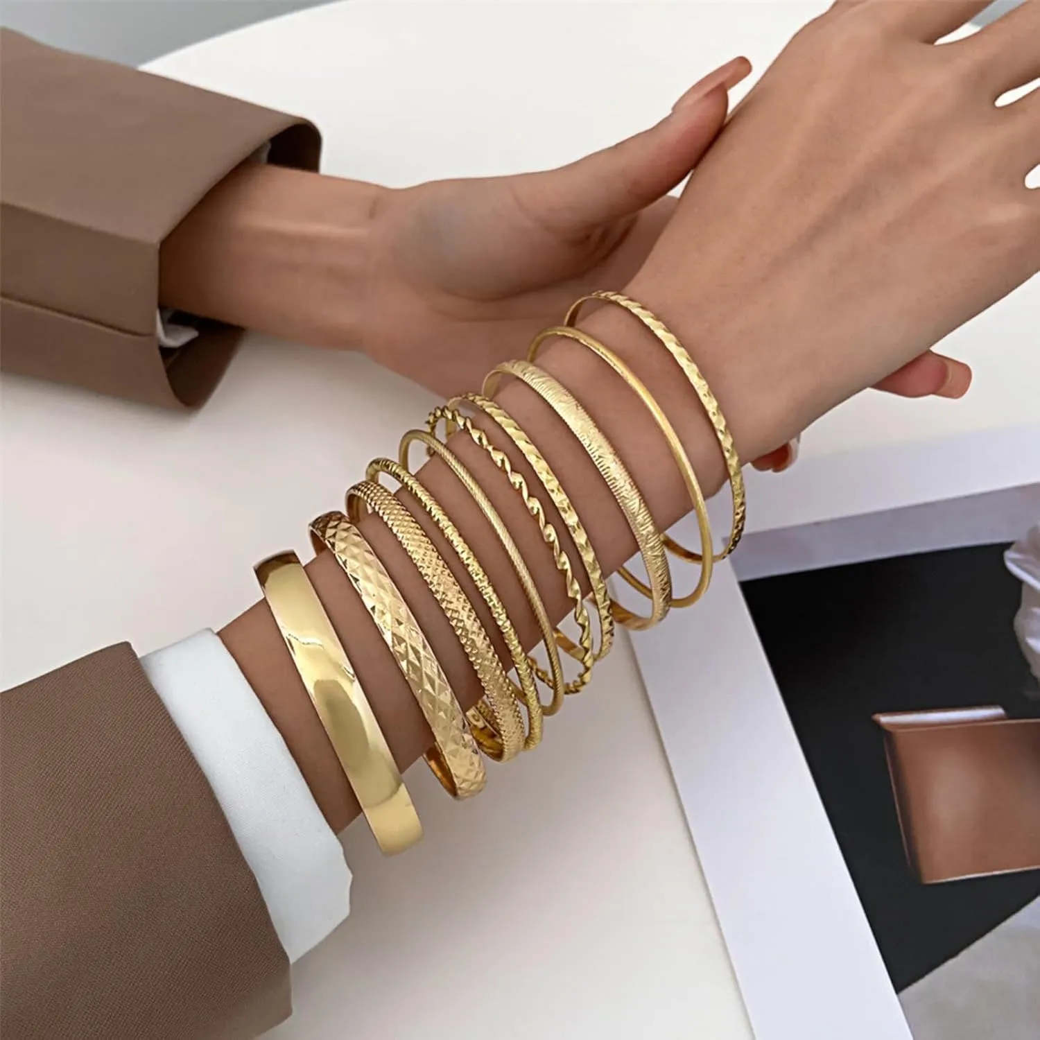 IFKM Gold Bracelets for Women, 14K Gold Plated Dainty Layered Chain Bracelets Adjustable Cute Bangle Link Bracelet Set