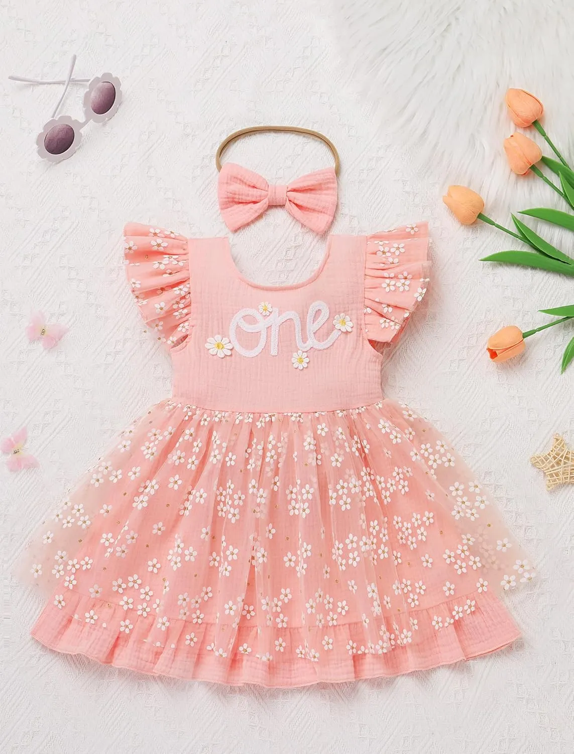 IMEKIS Baby Girls 1st Birthday Outfit Daisy Tulle Dress Headband Summer Ruffle Sleeve Cake Smash Photo Shoot