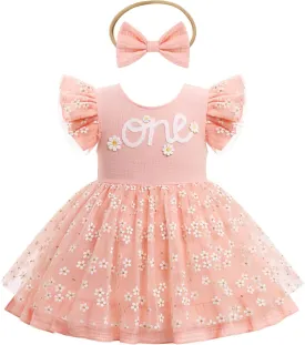 IMEKIS Baby Girls 1st Birthday Outfit Daisy Tulle Dress Headband Summer Ruffle Sleeve Cake Smash Photo Shoot
