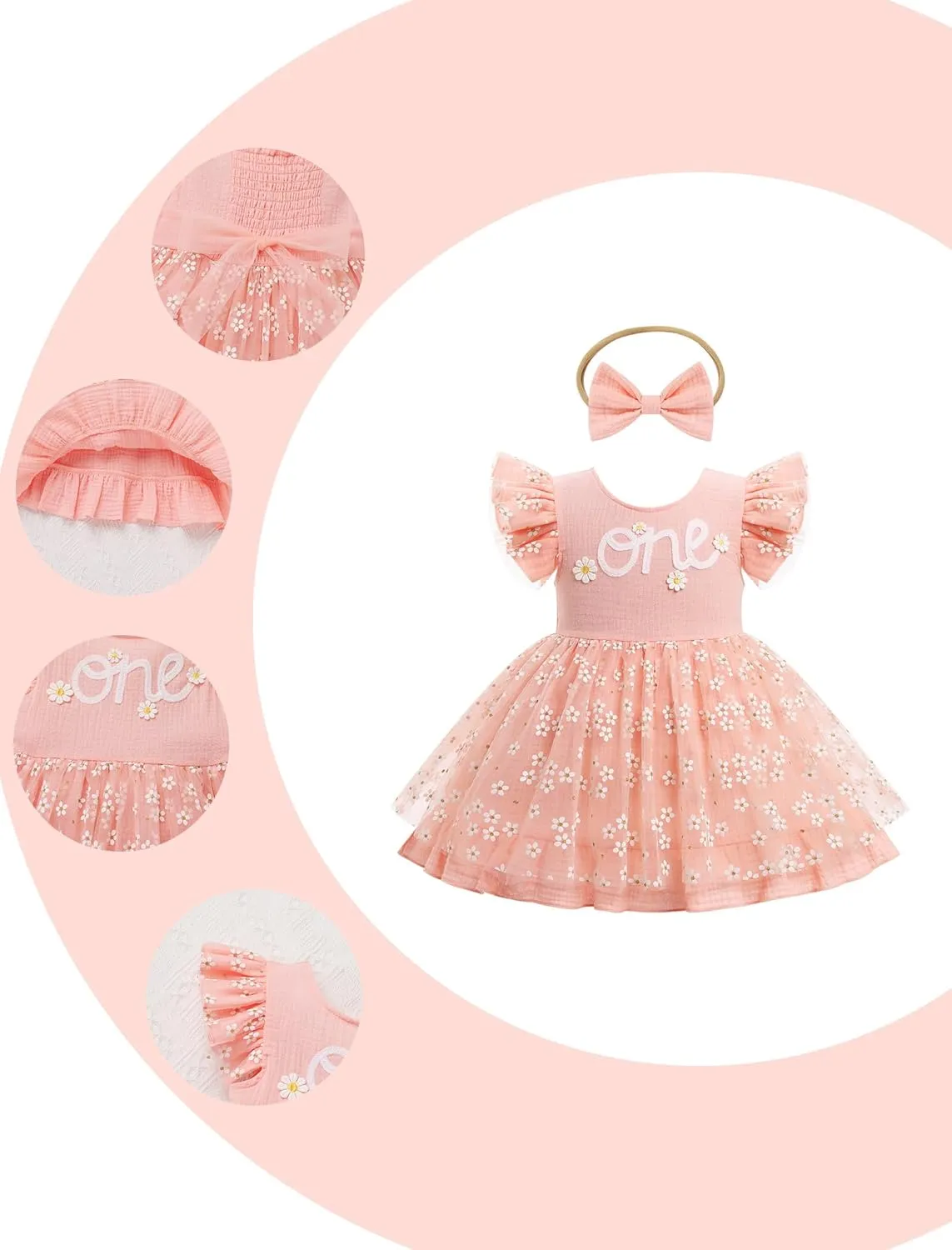 IMEKIS Baby Girls 1st Birthday Outfit Daisy Tulle Dress Headband Summer Ruffle Sleeve Cake Smash Photo Shoot