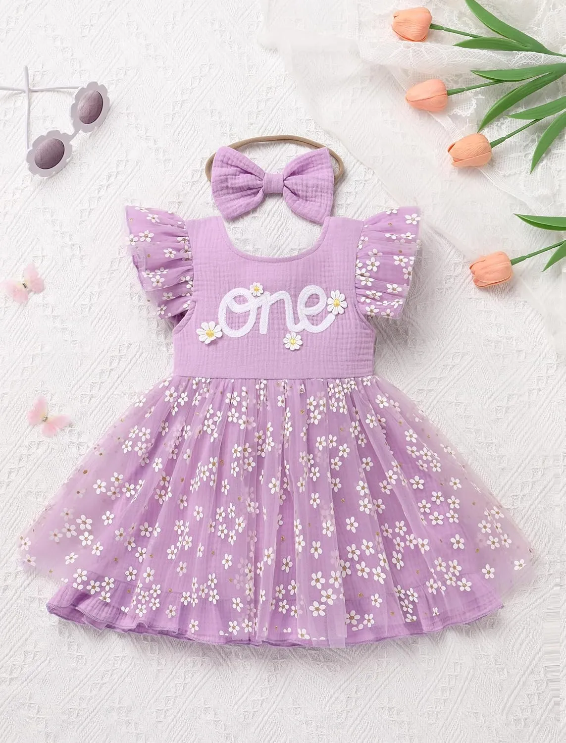 IMEKIS Baby Girls 1st Birthday Outfit Daisy Tulle Dress Headband Summer Ruffle Sleeve Cake Smash Photo Shoot