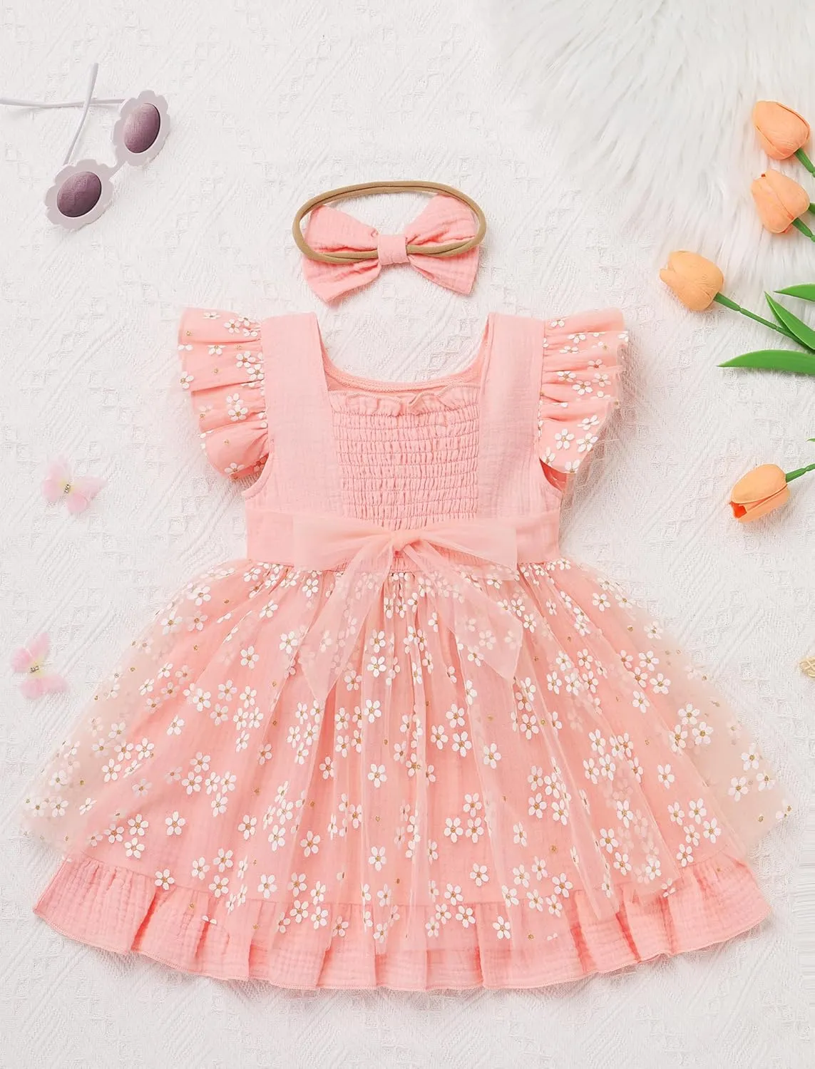 IMEKIS Baby Girls 1st Birthday Outfit Daisy Tulle Dress Headband Summer Ruffle Sleeve Cake Smash Photo Shoot