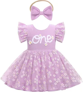 IMEKIS Baby Girls 1st Birthday Outfit Daisy Tulle Dress Headband Summer Ruffle Sleeve Cake Smash Photo Shoot