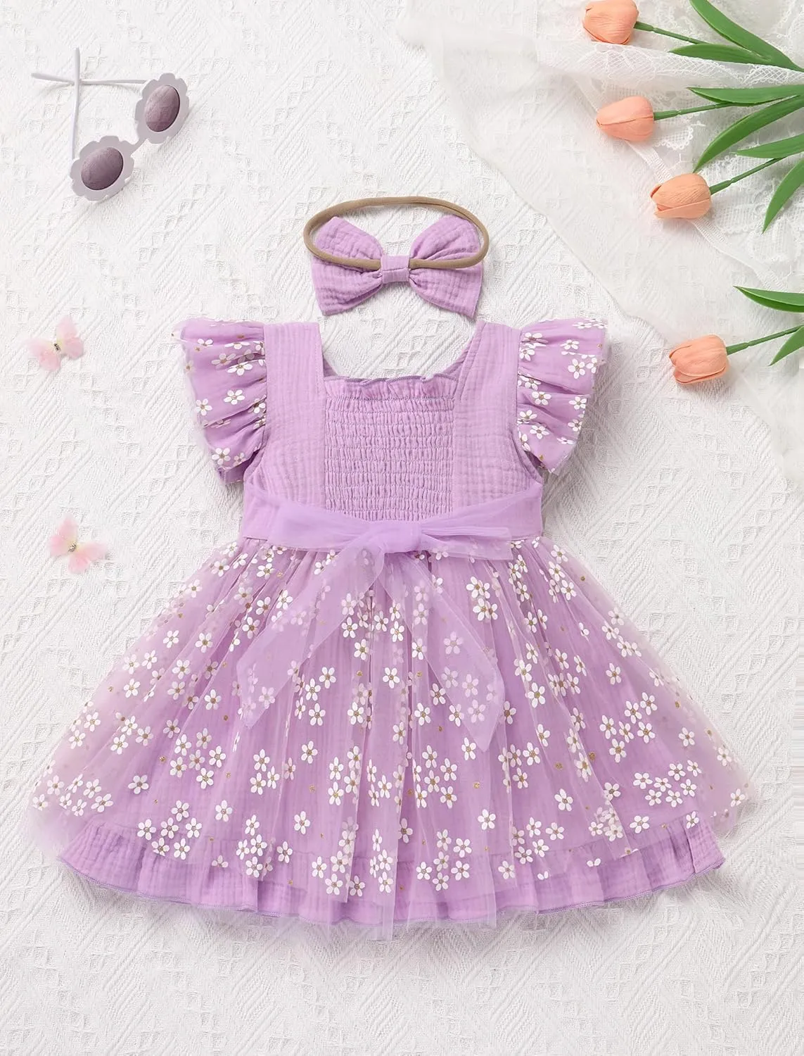 IMEKIS Baby Girls 1st Birthday Outfit Daisy Tulle Dress Headband Summer Ruffle Sleeve Cake Smash Photo Shoot