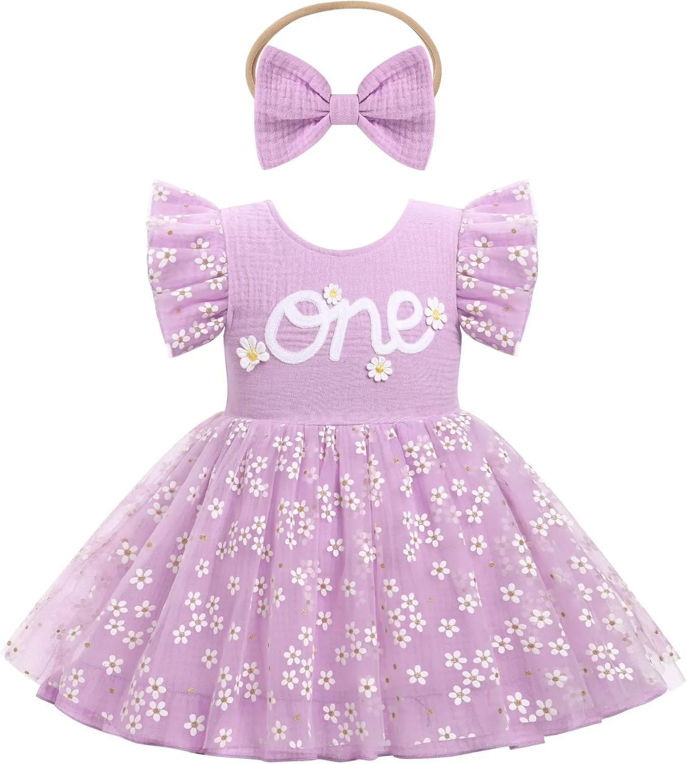 IMEKIS Baby Girls 1st Birthday Outfit Daisy Tulle Dress Headband Summer Ruffle Sleeve Cake Smash Photo Shoot