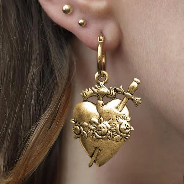 INFERNO. Sacred Heart Hoop Earrings - Gold