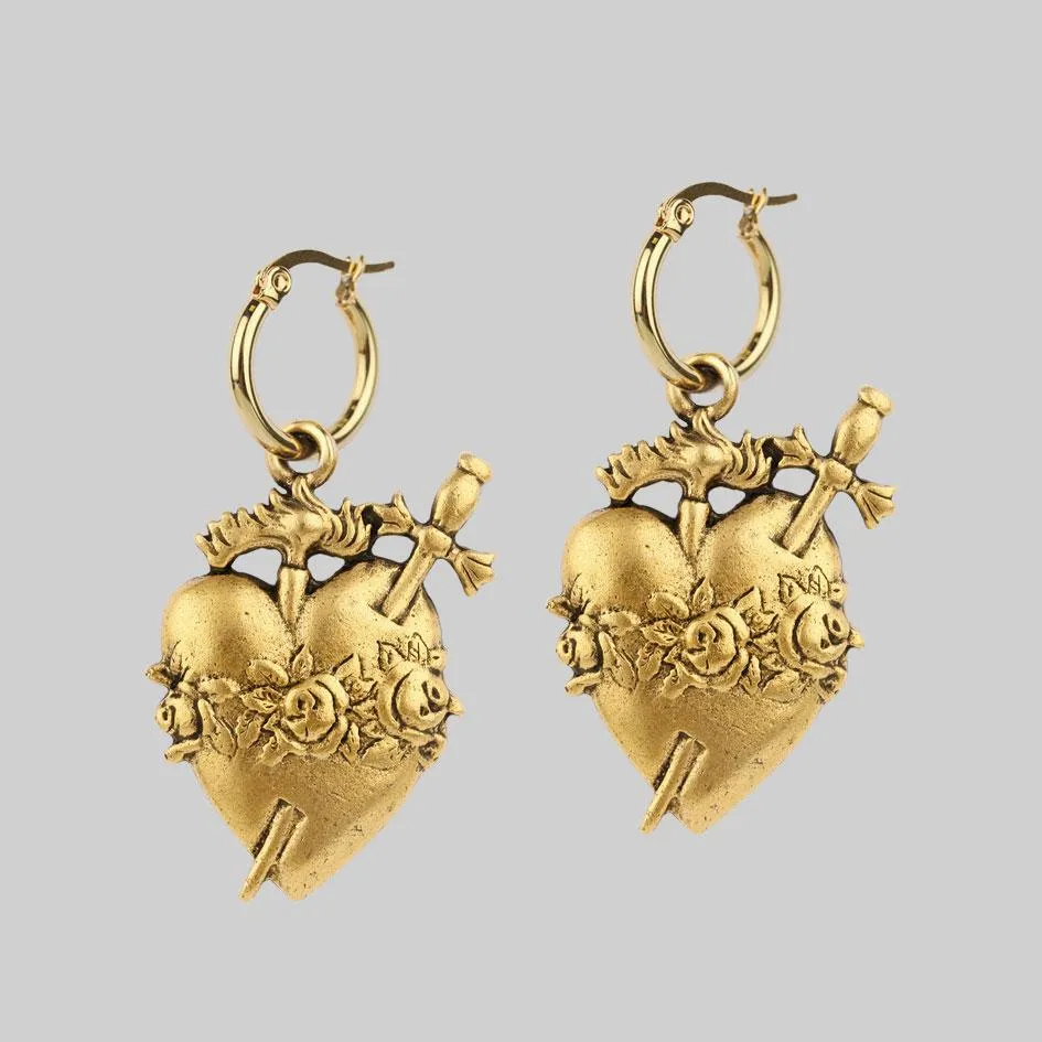 INFERNO. Sacred Heart Hoop Earrings - Gold