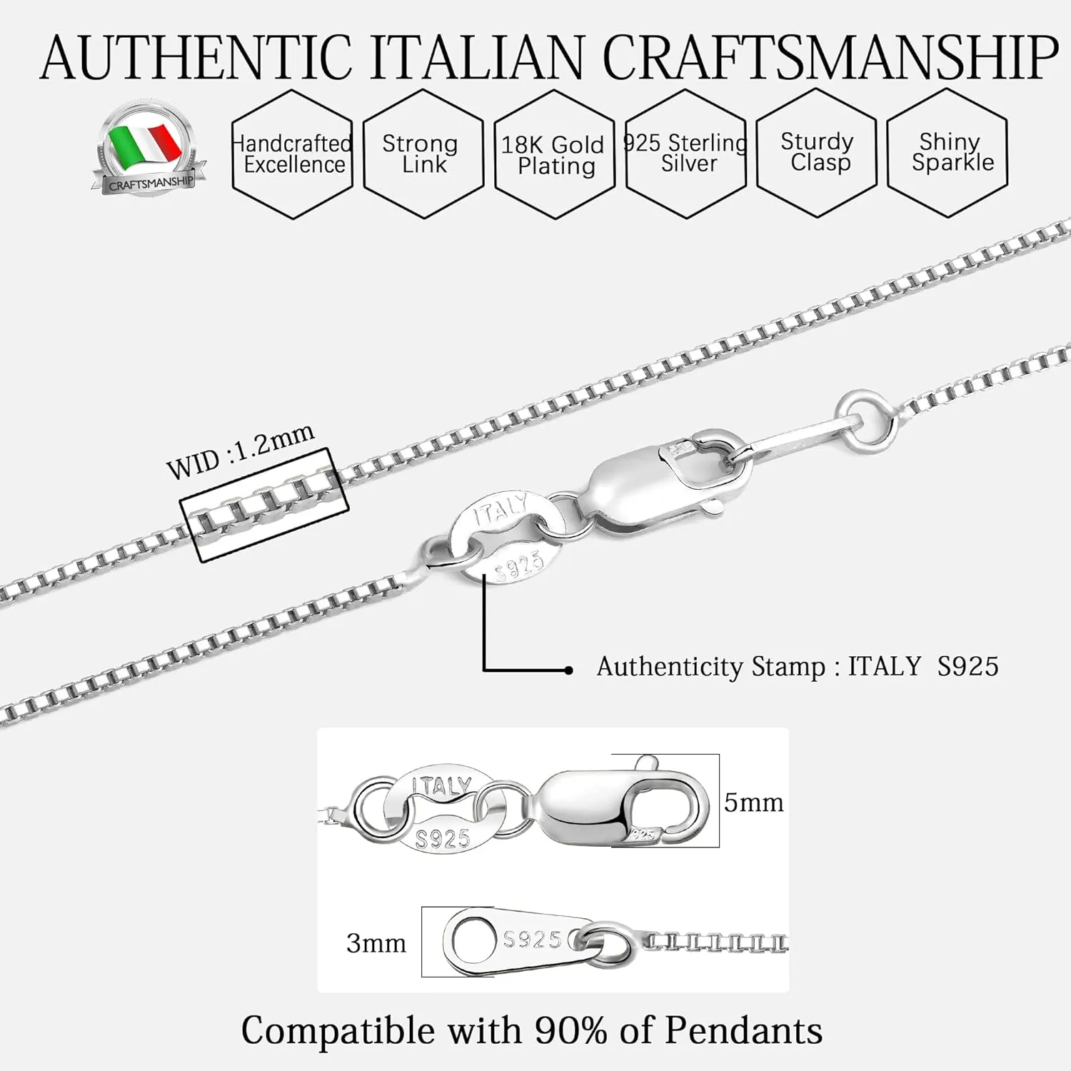 Italian 1.2/0.8mm 925 Sterling Silver Box Chain Necklace for Women, Solid 18K Gold Plated Nickel-Free Hypoallergenic Thin & Dainty Women's Chain Necklaces 14 16 18 20 22 24 Inch
