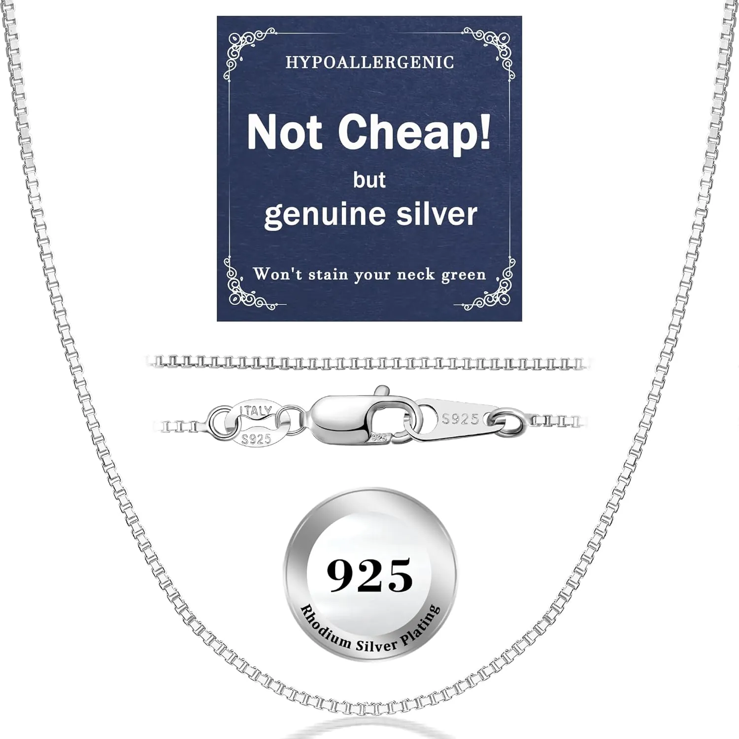 Italian 1.2/0.8mm 925 Sterling Silver Box Chain Necklace for Women, Solid 18K Gold Plated Nickel-Free Hypoallergenic Thin & Dainty Women's Chain Necklaces 14 16 18 20 22 24 Inch