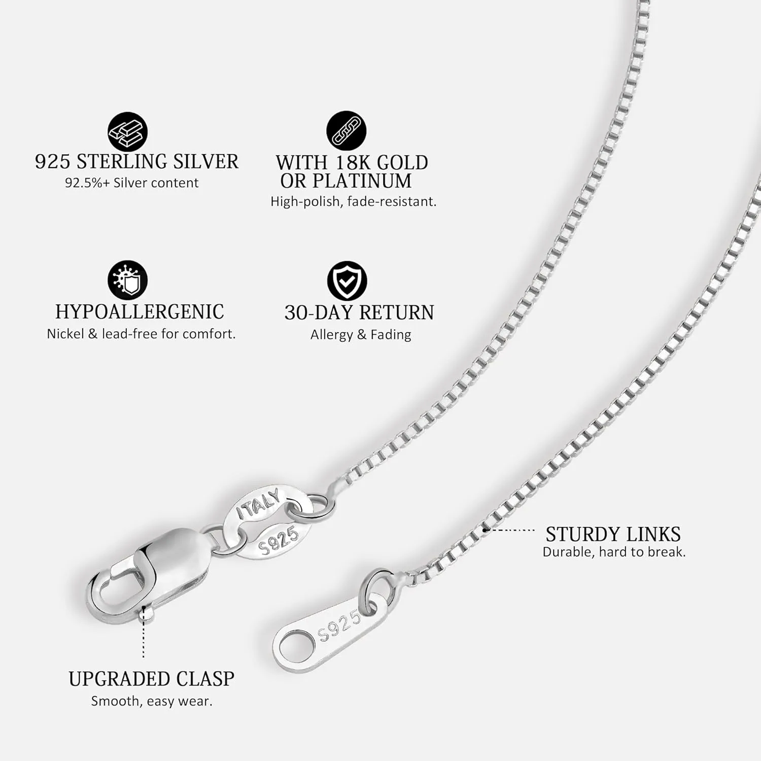 Italian 1.2/0.8mm 925 Sterling Silver Box Chain Necklace for Women, Solid 18K Gold Plated Nickel-Free Hypoallergenic Thin & Dainty Women's Chain Necklaces 14 16 18 20 22 24 Inch
