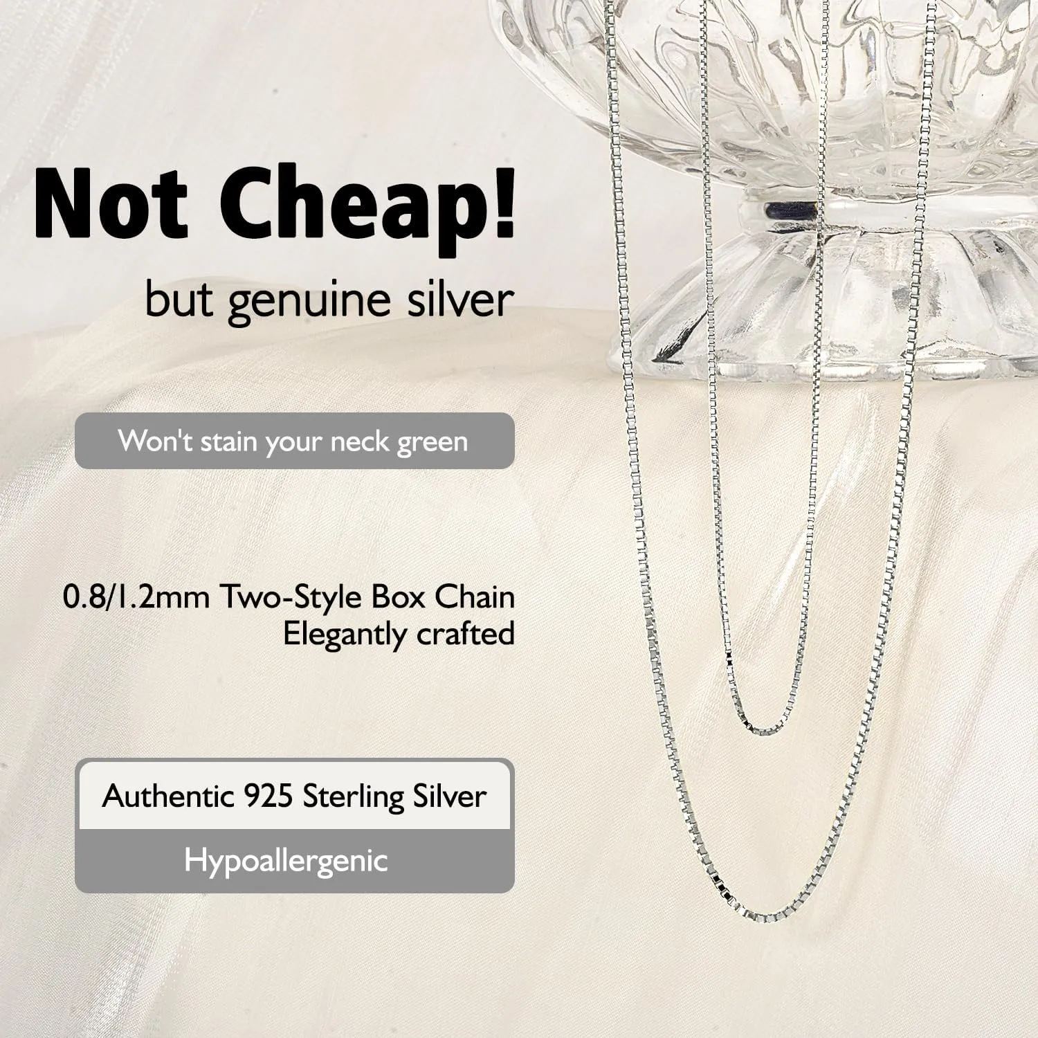 Italian 1.2/0.8mm 925 Sterling Silver Box Chain Necklace for Women, Solid 18K Gold Plated Nickel-Free Hypoallergenic Thin & Dainty Women's Chain Necklaces 14 16 18 20 22 24 Inch