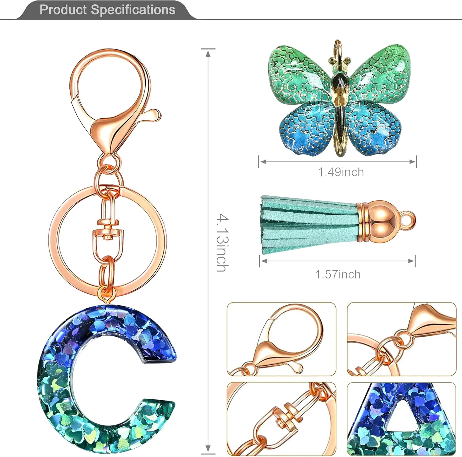 JINGUAZI Initial letter Keychains for Women Tassel Butterfly Pink Purple Cute Car Keychain for Wallet Backpack bag charm