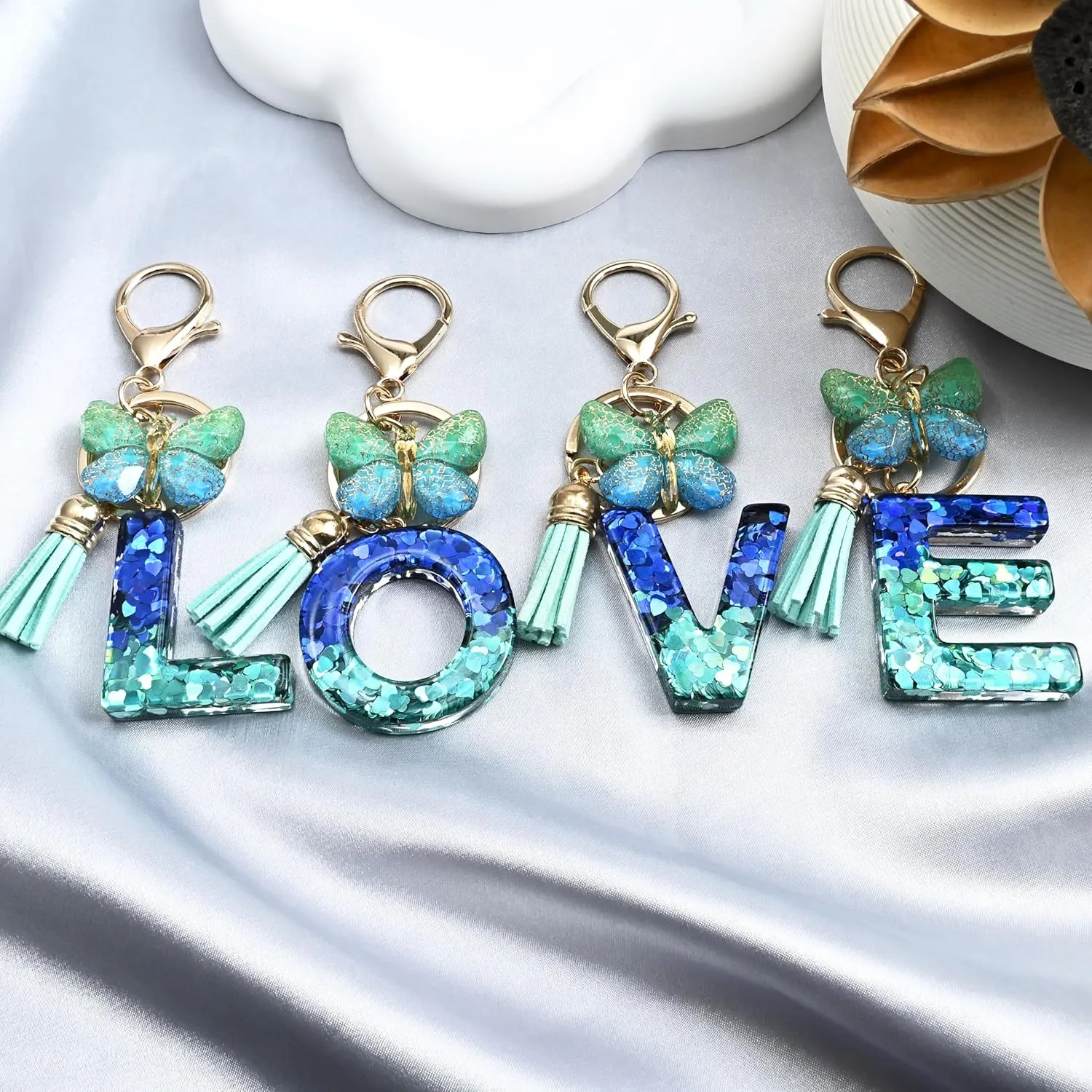 JINGUAZI Initial letter Keychains for Women Tassel Butterfly Pink Purple Cute Car Keychain for Wallet Backpack bag charm
