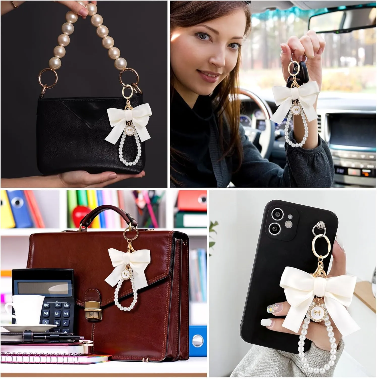 Joez Wonderful Pearl Bow Keychain, Cute Pink Bowknot & Pearl Keyring Charms, Aesthetic Keychain