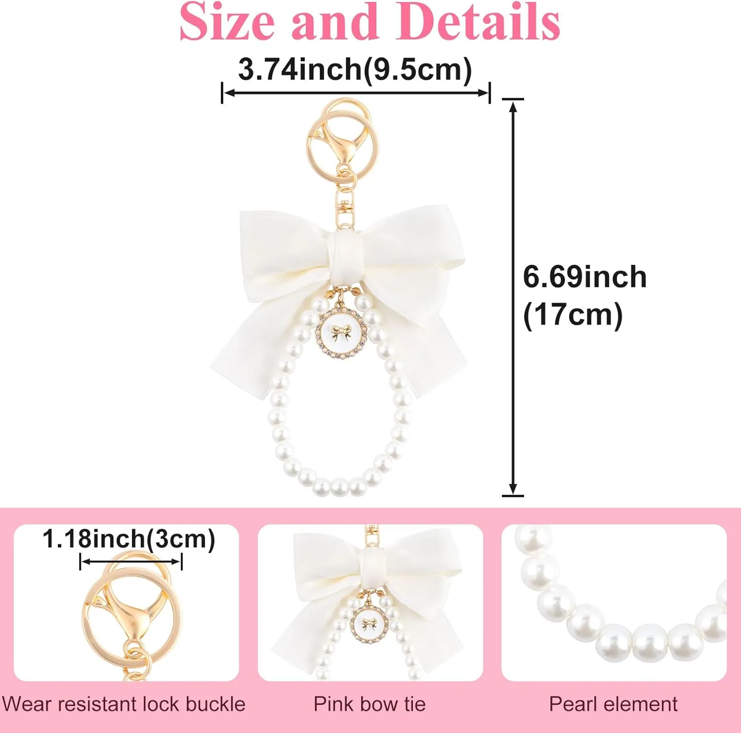 Joez Wonderful Pearl Bow Keychain, Cute Pink Bowknot & Pearl Keyring Charms, Aesthetic Keychain