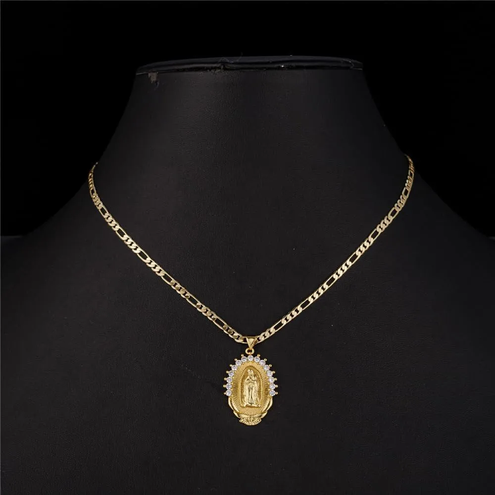 kelistom 18K Gold Plated Guadalupe Virgin Mary Necklace for Women Men Teens, Oval Zircon Inlay Virgin Mary Pendant with Stainless Steel Figaro Chain Necklace