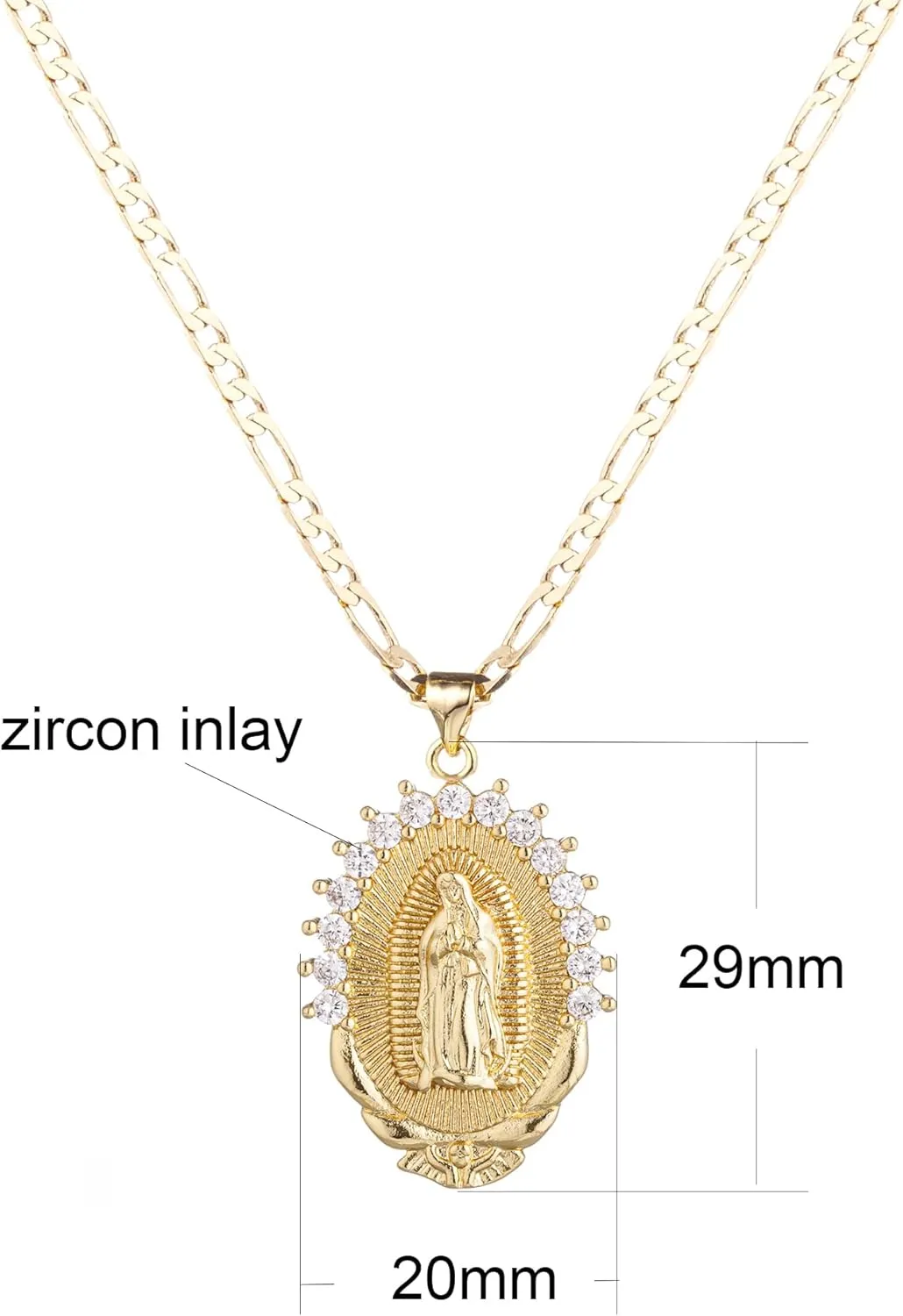 kelistom 18K Gold Plated Guadalupe Virgin Mary Necklace for Women Men Teens, Oval Zircon Inlay Virgin Mary Pendant with Stainless Steel Figaro Chain Necklace