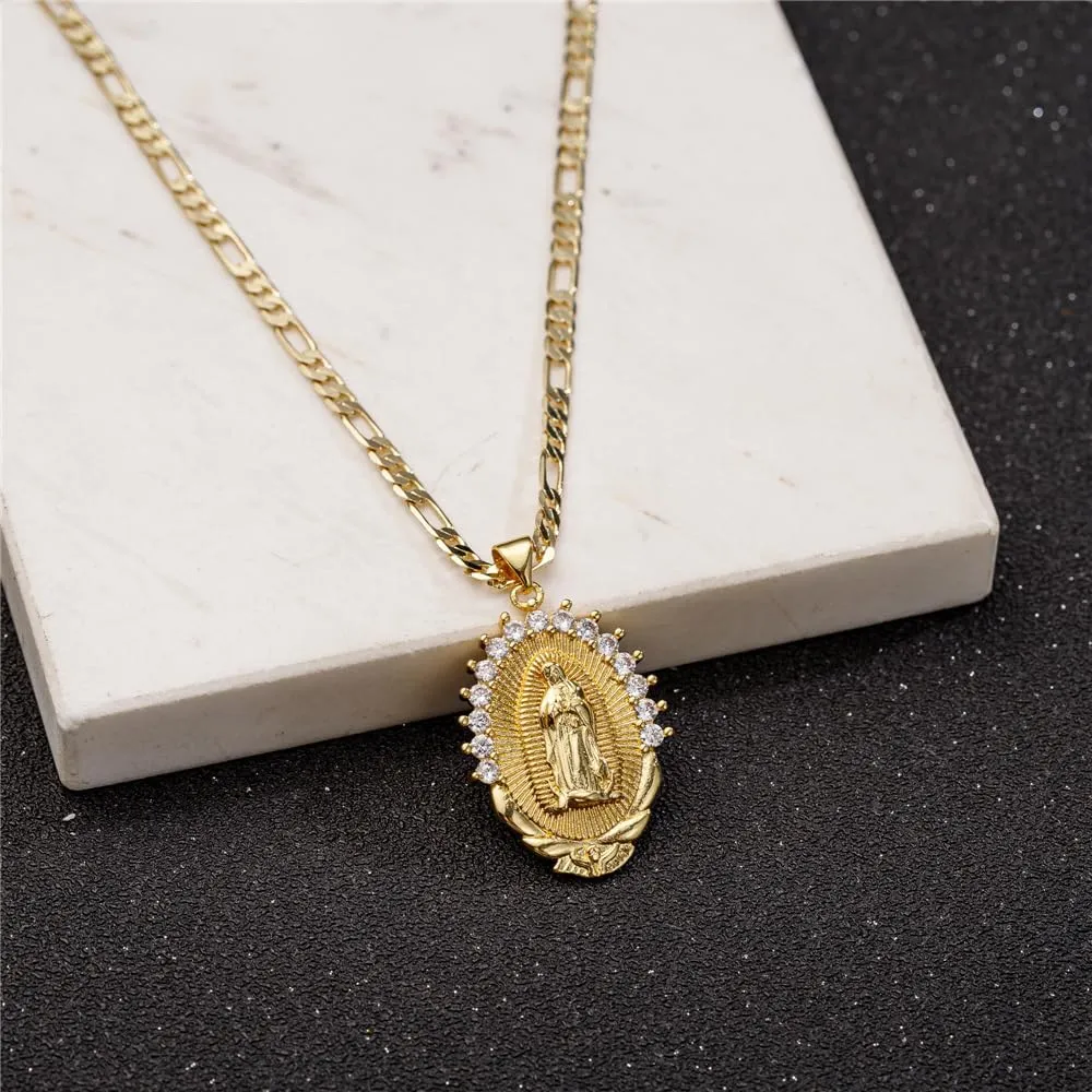 kelistom 18K Gold Plated Guadalupe Virgin Mary Necklace for Women Men Teens, Oval Zircon Inlay Virgin Mary Pendant with Stainless Steel Figaro Chain Necklace
