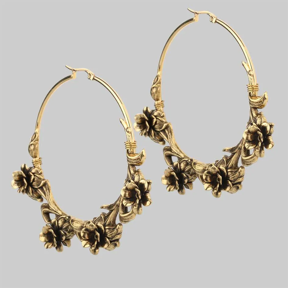 Luxurious Gold Wild Rose Hoop Earrings