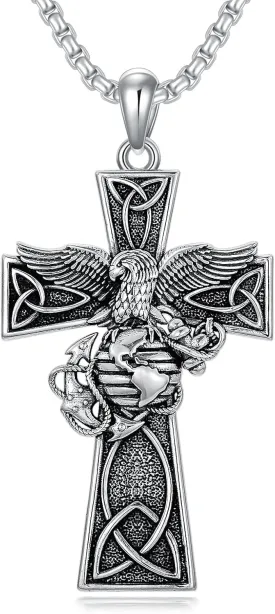 Marines Cross Necklace for Men 925 Sterling Silver Marines Pendant Celtic Birthday Jewelry for Husband Father