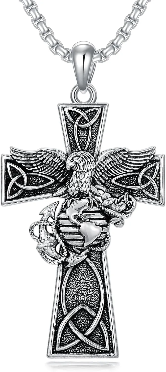 Marines Cross Necklace for Men 925 Sterling Silver Marines Pendant Celtic Birthday Jewelry for Husband Father
