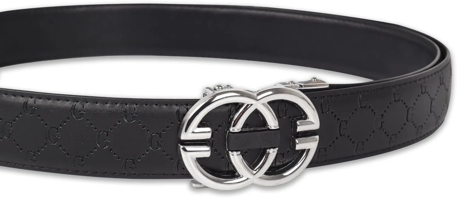 Men&Womens Leather Dress Belt Business Automatic Buckle Belt Color-Black Silver Gold