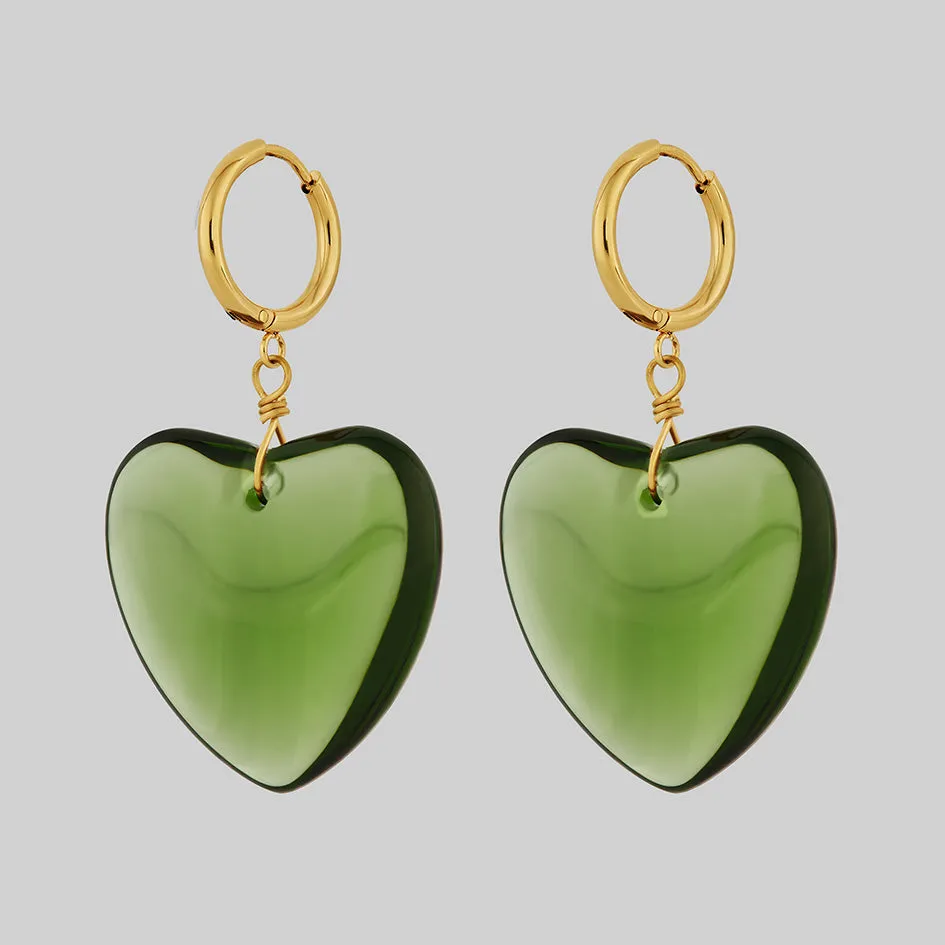 MINNA. Large Green Glass Heart Hoop Earrings - Gold