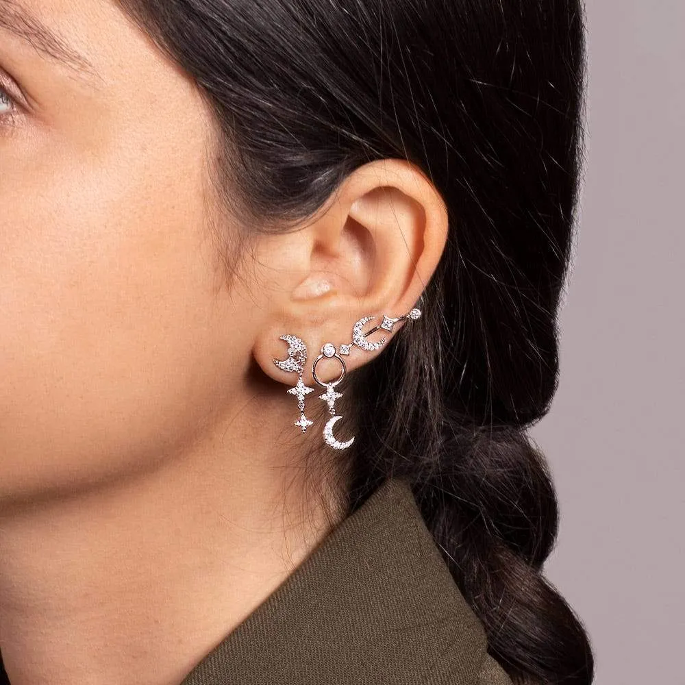 Moon & Stars Stud Set - White Silver