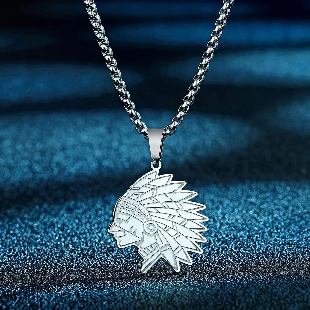 Native American Indian Chief Warrior Pendant Necklace For Men Women Stainless Steel Necklace Jewelry