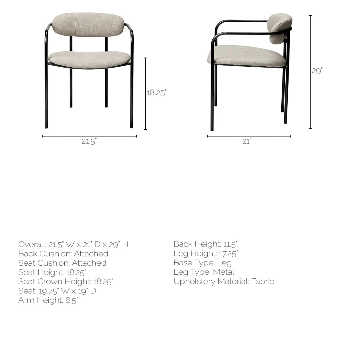 Parker Dining Chair Beige Fabric | Gray Metal