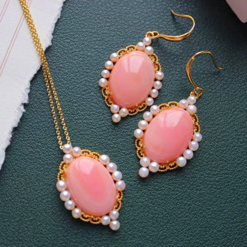 Princess Oval Pink Queen Conch Shell Pearls Earrings Gold Vermeil