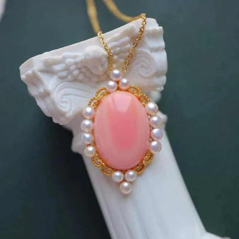Princess Oval Pink Queen Conch Shell Pearls Earrings Gold Vermeil