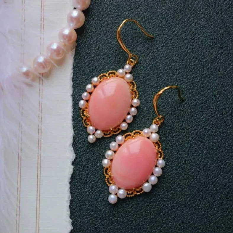 Princess Oval Pink Queen Conch Shell Pearls Earrings Gold Vermeil
