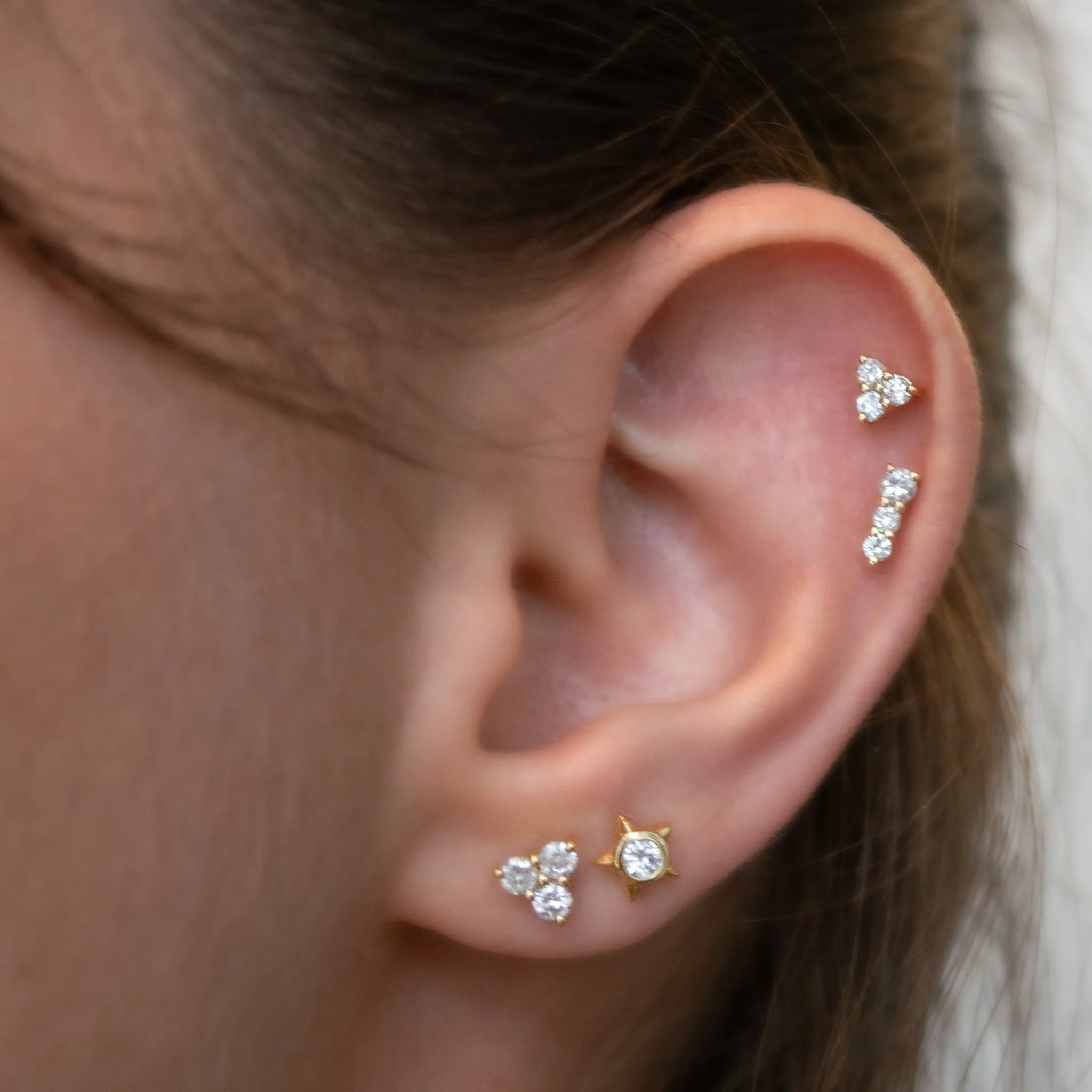 Reclaimed 18k Yellow Gold and Round Diamond Petite Stud Earrings, 3 Diamonds