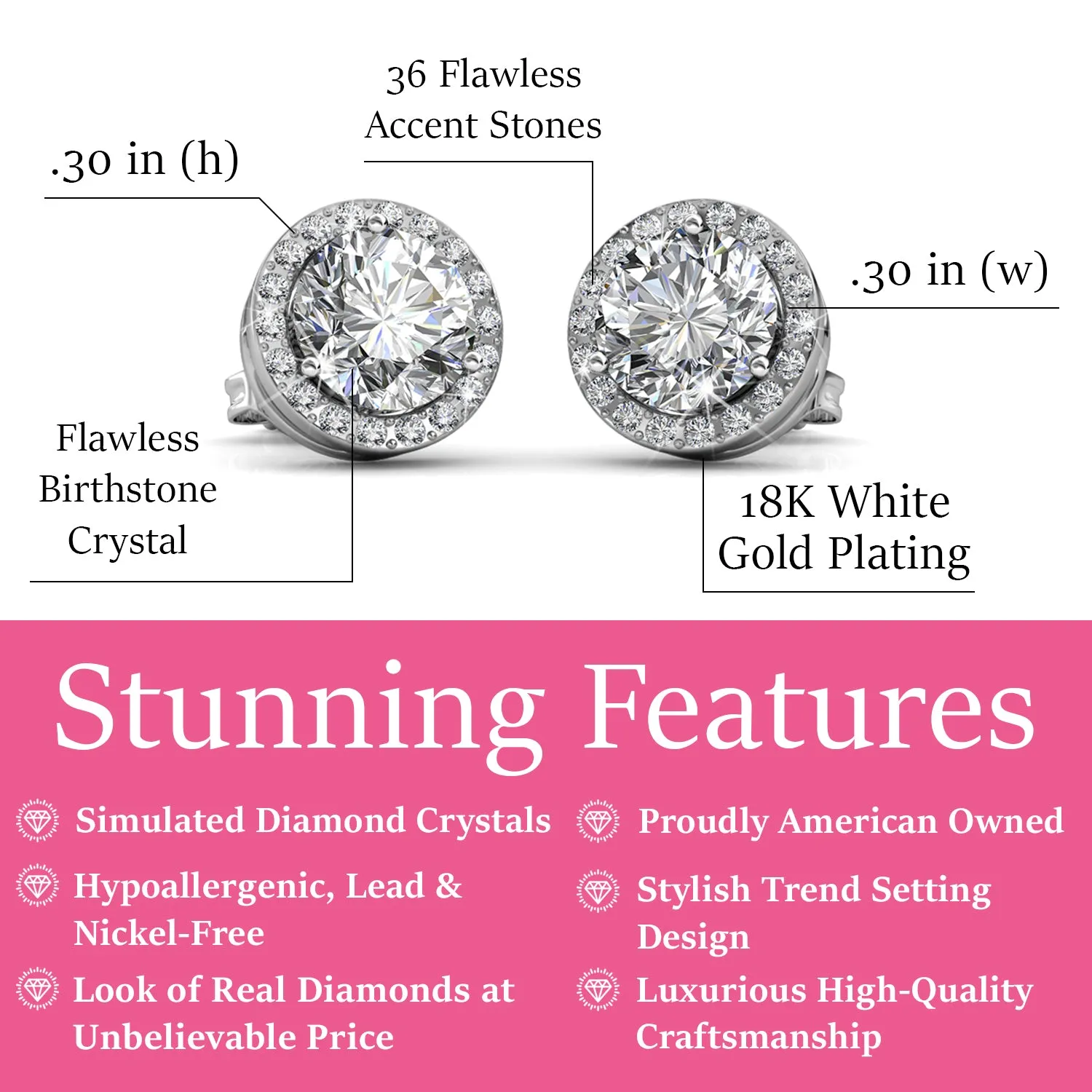 Royal April Birthstone Diamond Earrings, 18k White Gold Plated Silver Halo Earrings with Round Cut Crystals