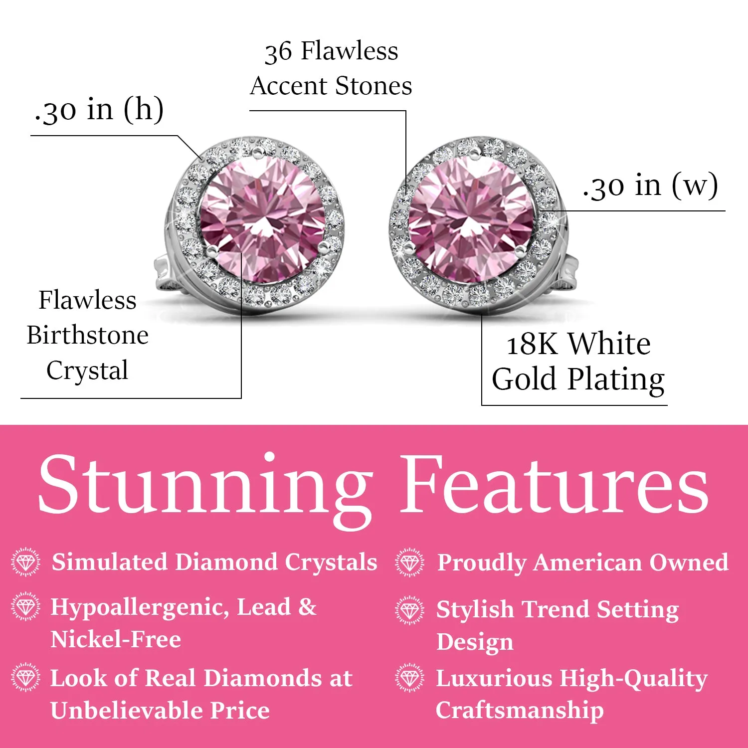 Royal October Birthstone Pink Tourmaline Earrings, 18k White Gold Plated Silver Halo Earrings with Round Cut Crystals