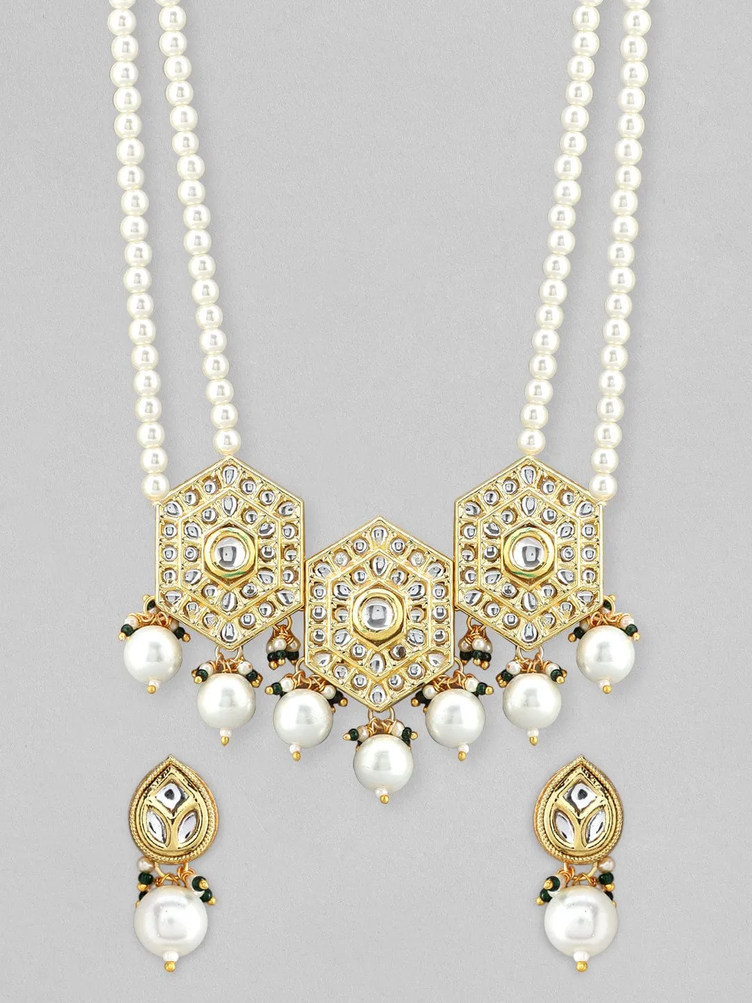 Rubans 22K Gold Plated Pendant Kundan Necklace Set With Pearls