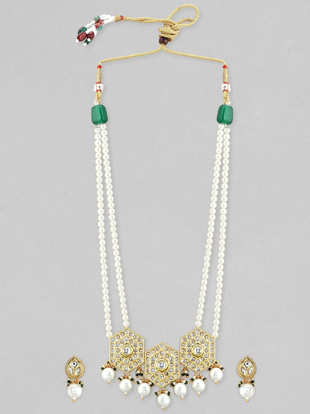 Rubans 22K Gold Plated Pendant Kundan Necklace Set With Pearls