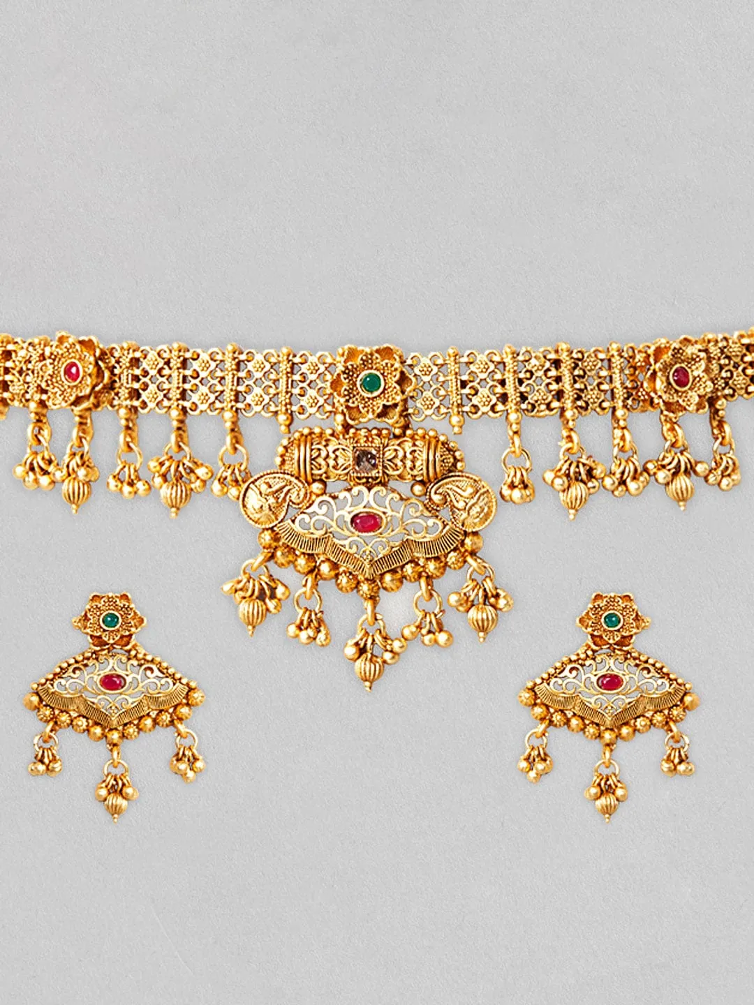 Rubans 24K Gold Plated Choker Necklace Set With Pink And Green Stones.