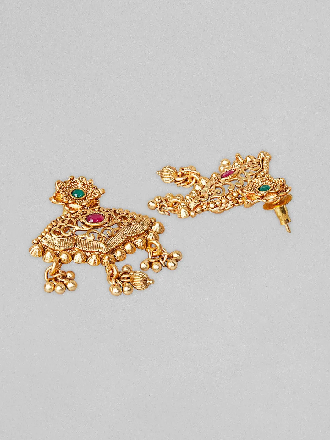 Rubans 24K Gold Plated Choker Necklace Set With Pink And Green Stones.