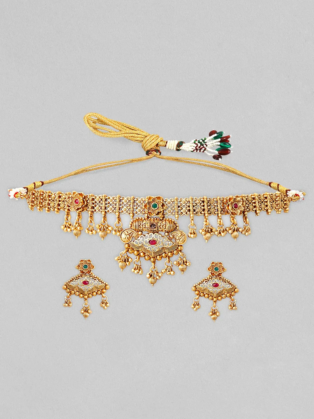 Rubans 24K Gold Plated Choker Necklace Set With Pink And Green Stones.