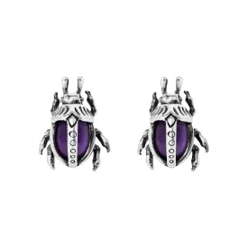 Sterling Silver Stud Earrings with Amethyst Accents, Inspired by Sacred Beetle Design