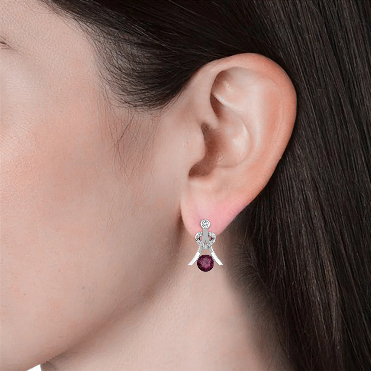 Serenity February Birthstone Amethyst Earrings, 18k White Gold Plated Silver Earrings with Round Cut Crystals