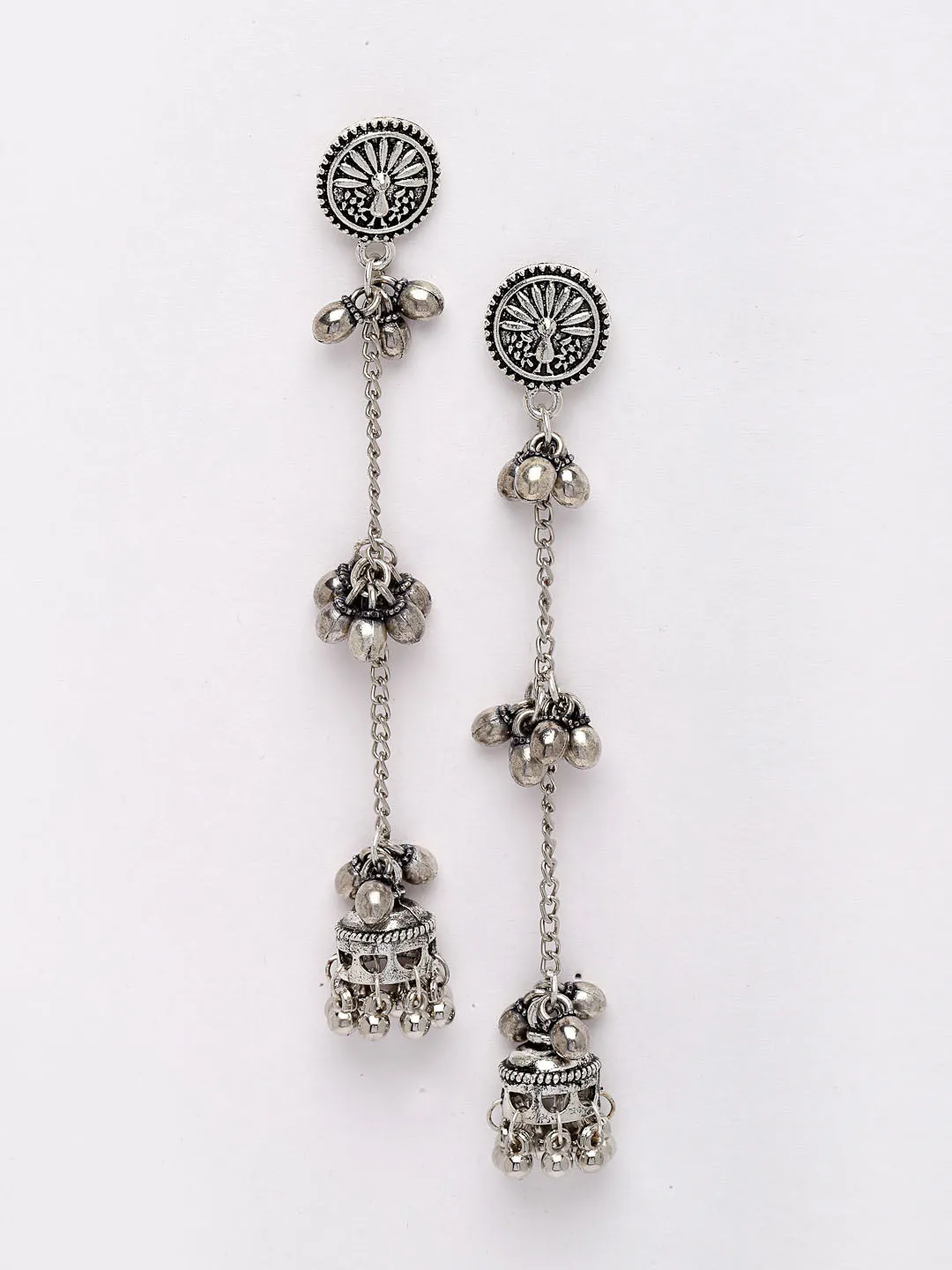 Silver-Plated Circular Shaped Oxidised Drop Earrings
