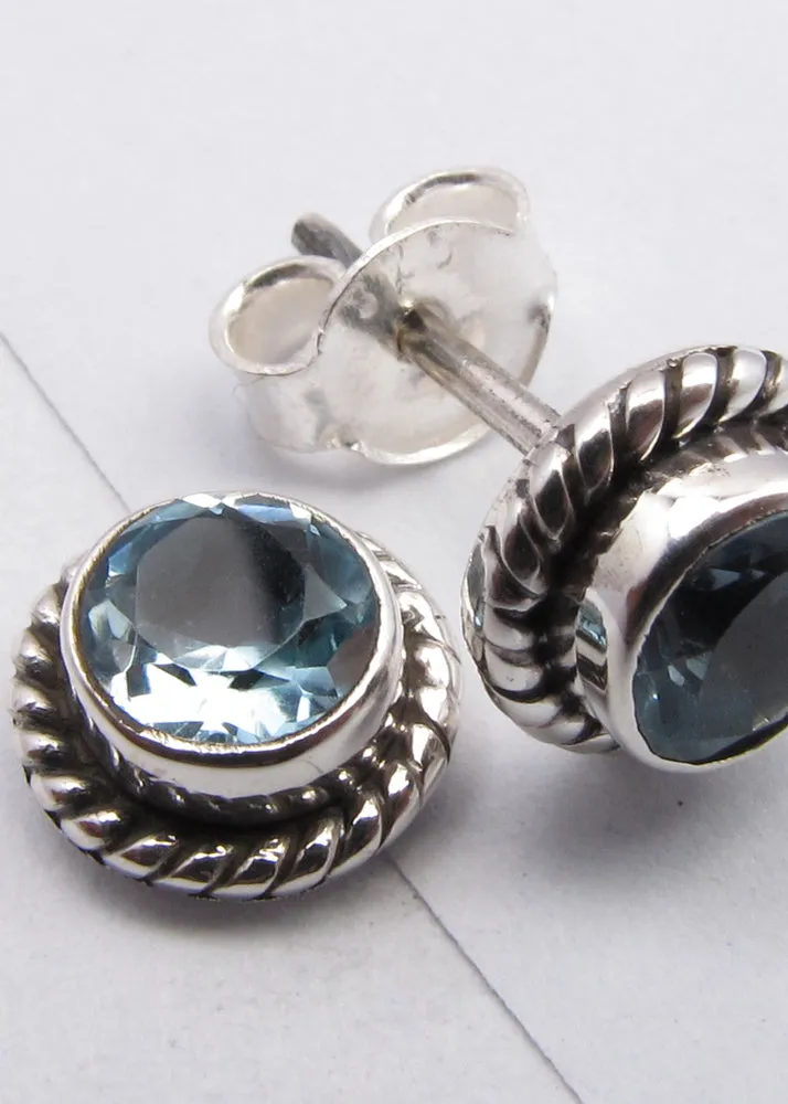 Solid Silver Blue Topaz Round Stud Earrings
