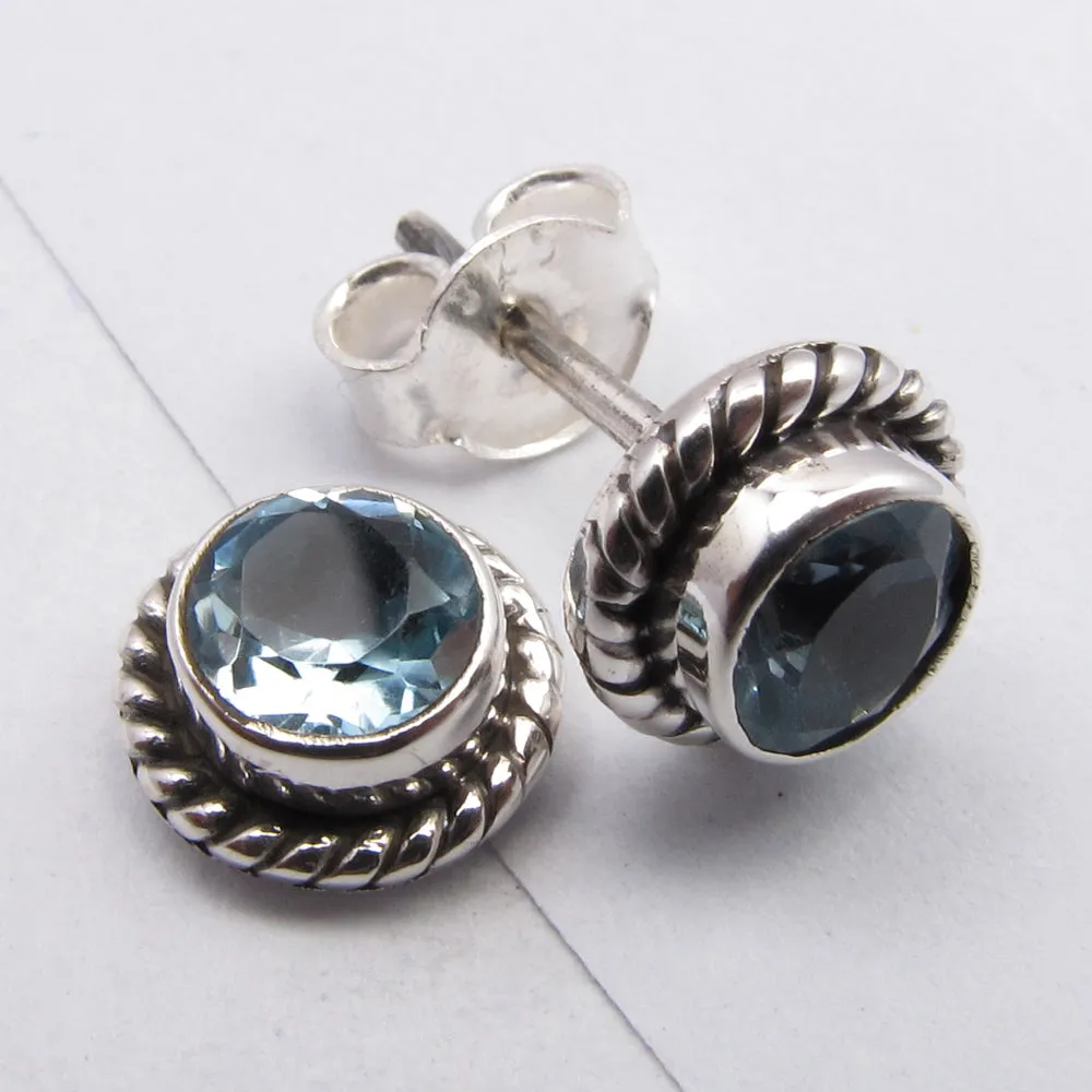 Solid Silver Blue Topaz Round Stud Earrings