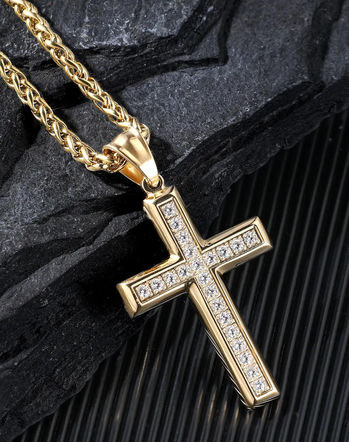 Stainless Steel CZ Cross Necklace for Men Women, 18K Gold Plated 5A  Cubic Zirconia Crucifix Pendant Christian Religious 3mm Rolo Chain Jewelry Present