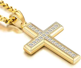 Stainless Steel CZ Cross Necklace for Men Women, 18K Gold Plated 5A  Cubic Zirconia Crucifix Pendant Christian Religious 3mm Rolo Chain Jewelry Present