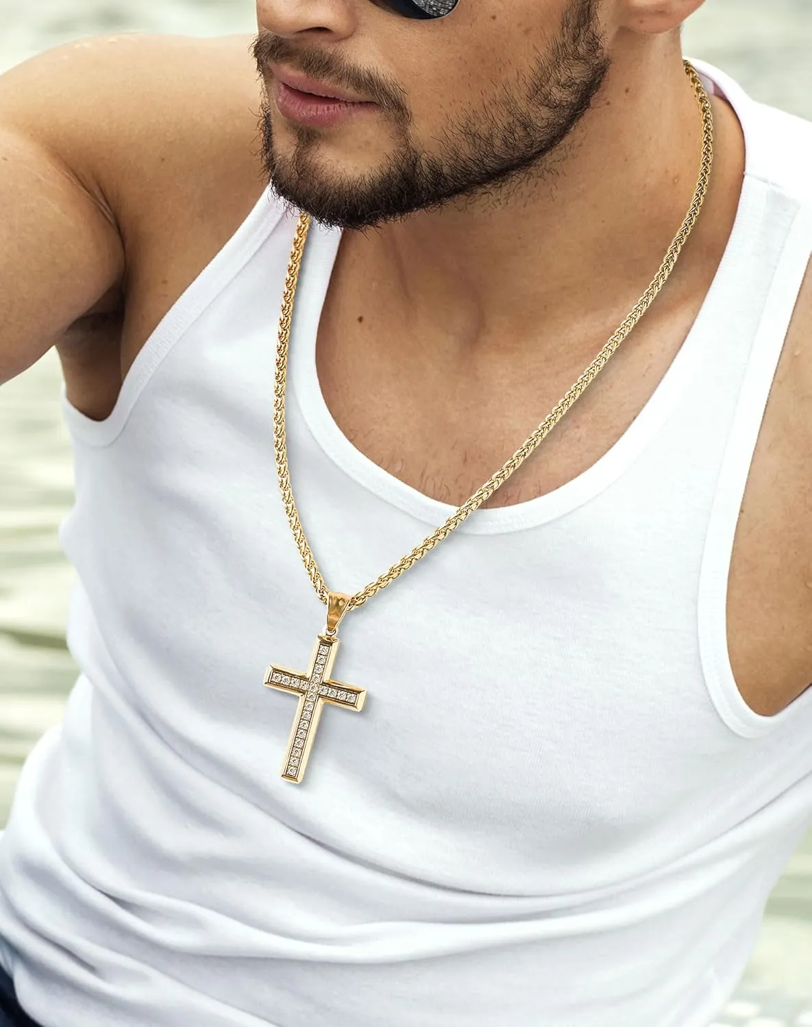 Stainless Steel CZ Cross Necklace for Men Women, 18K Gold Plated 5A  Cubic Zirconia Crucifix Pendant Christian Religious 3mm Rolo Chain Jewelry Present